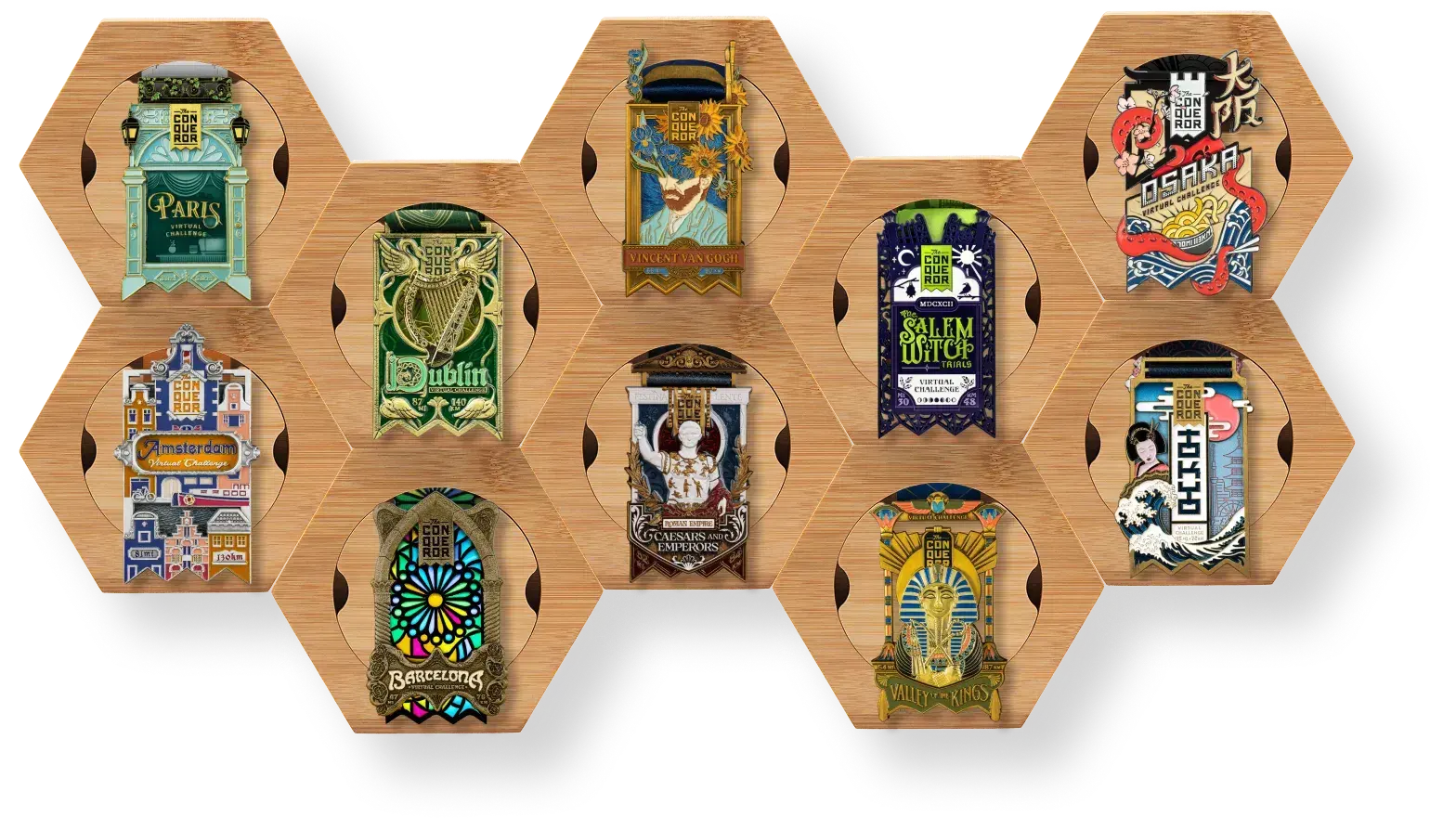 Honeycomb modular medal display with colorful challenge medals