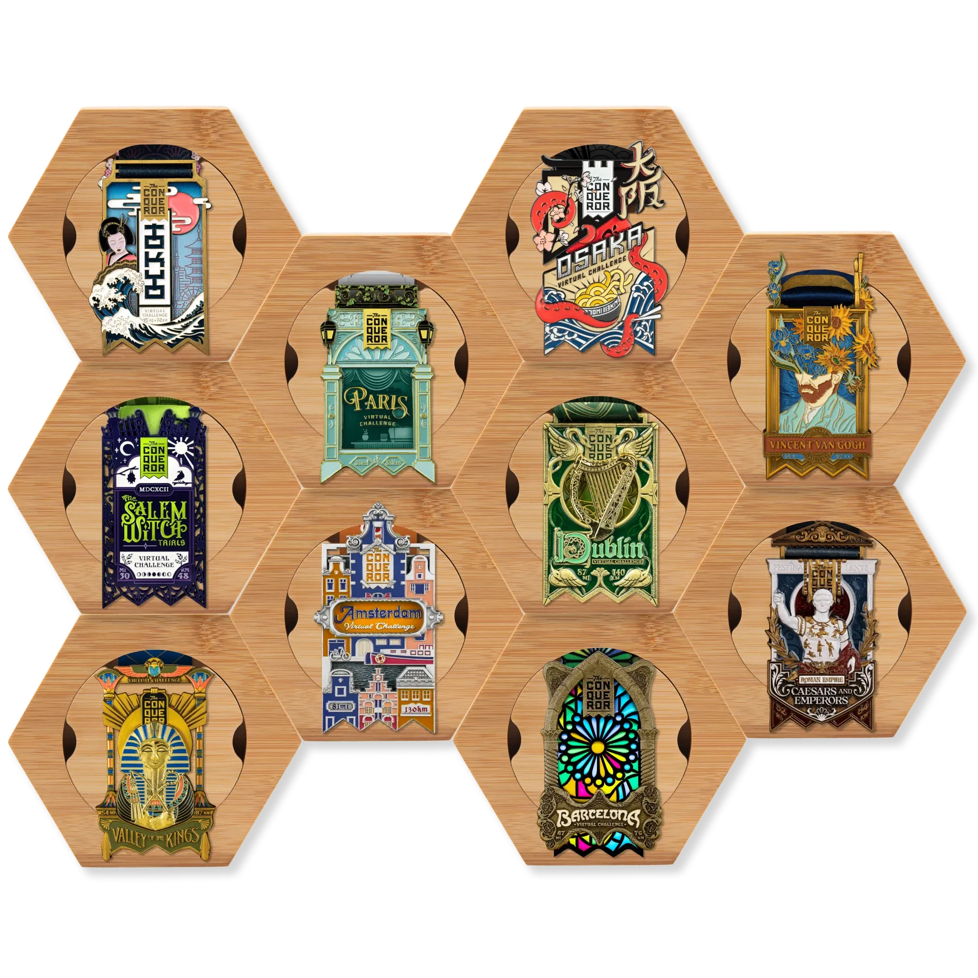 Honeycomb modular medal display with colorful challenge medals