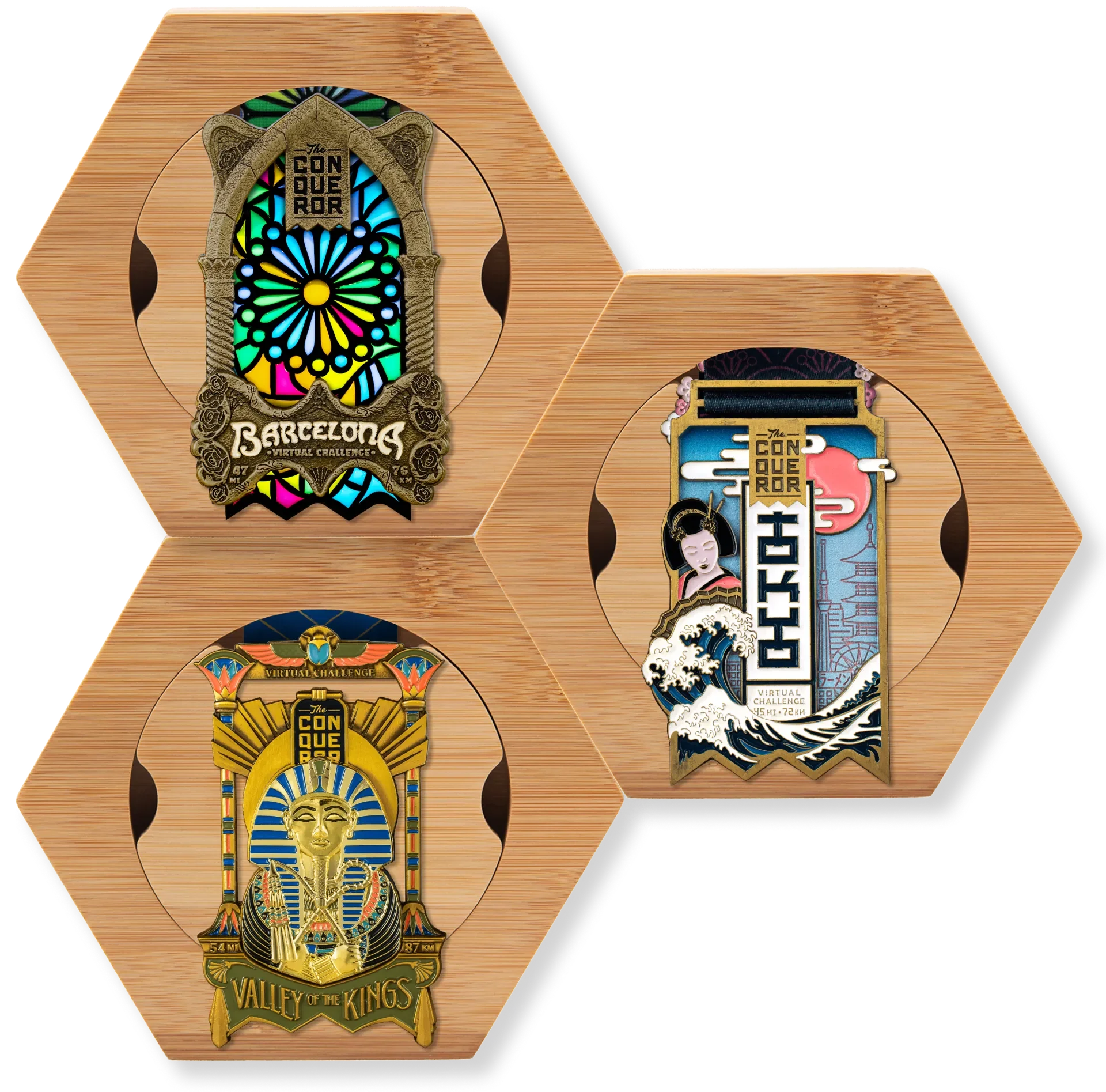 Honeycomb modular medal display with colorful challenge medals