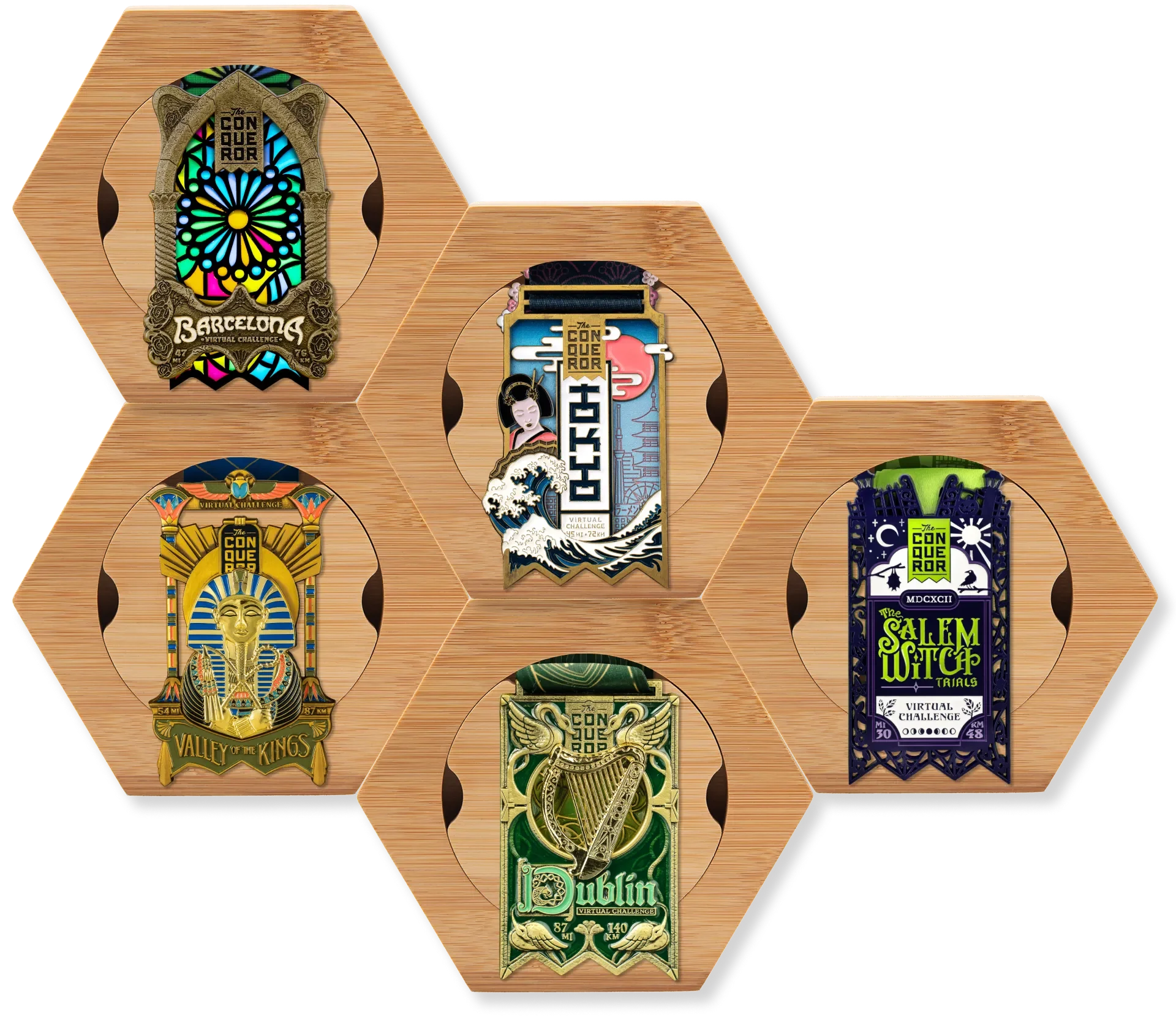 Honeycomb modular medal display with colorful challenge medals