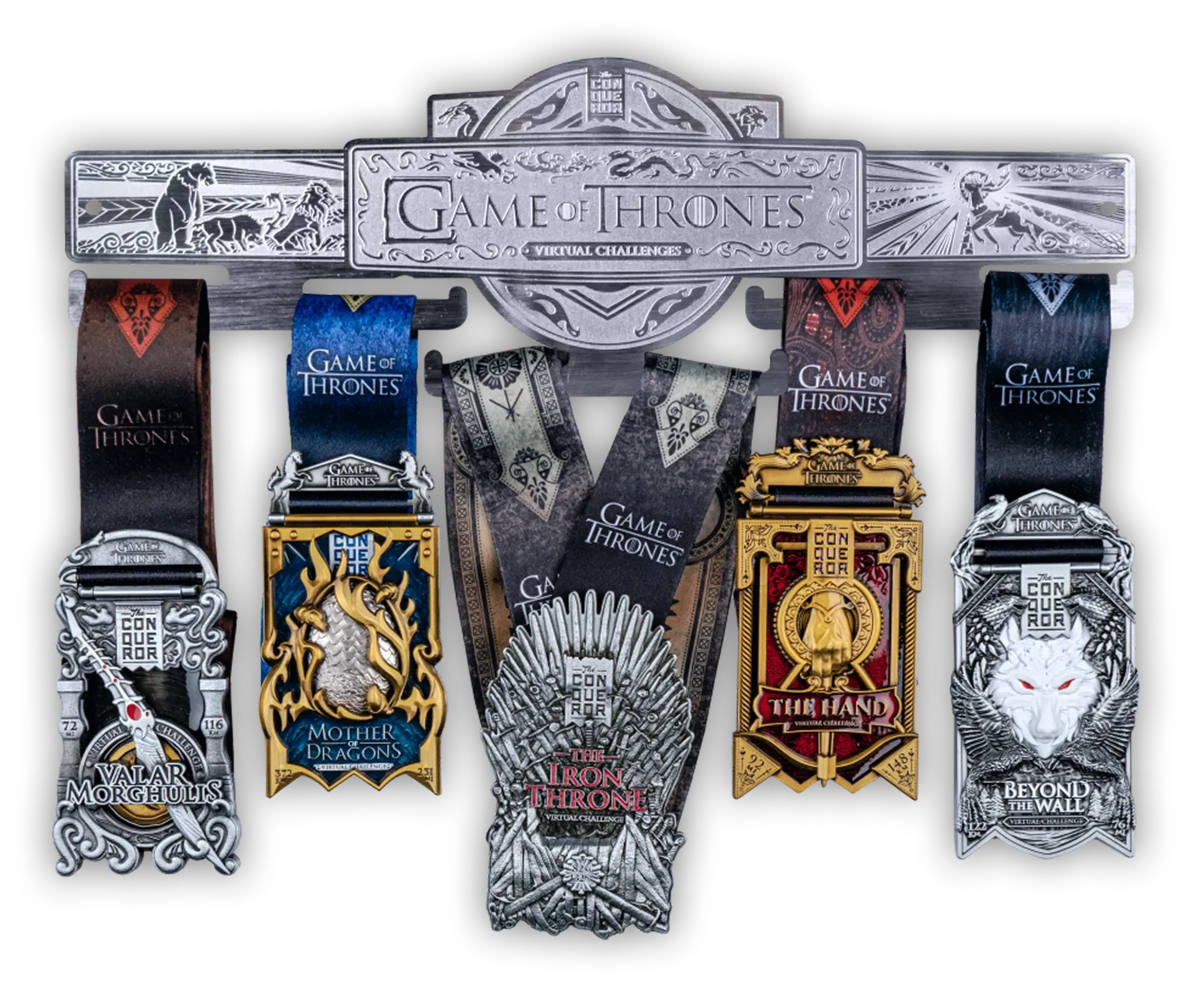 Game of Thrones themed medal hanger with medals displayed