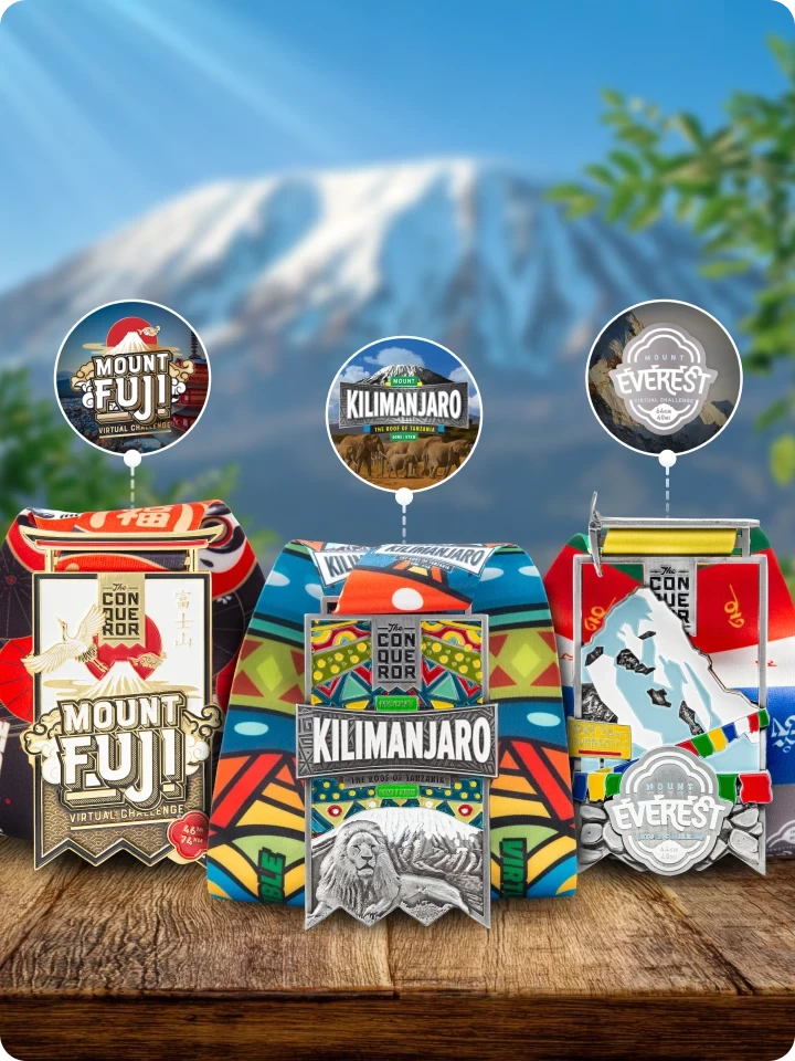 Earn the stunning Mount Everest, Fuji and Kilimanjaro medals