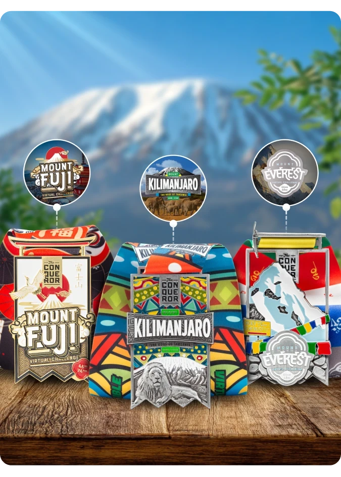 Earn the stunning Mount Everest, Fuji and Kilimanjaro medals